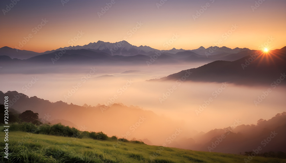 Capture the serenity of a misty mountain range bathed in the warm glow of the rising sun