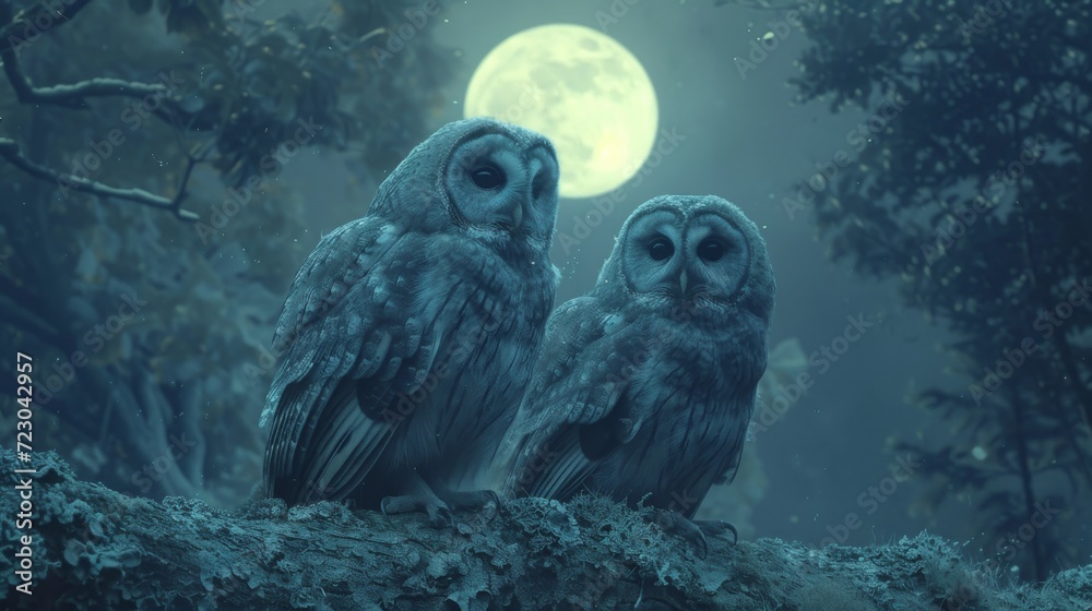 Owls in Moonlight, Mystical shot of owls perched against a moonlit sky, ideal for conveying a sense of magic Owls in Moonlight, Mystical shot of owls perched against a moonlit sky, ideal for conveying a sense of magic