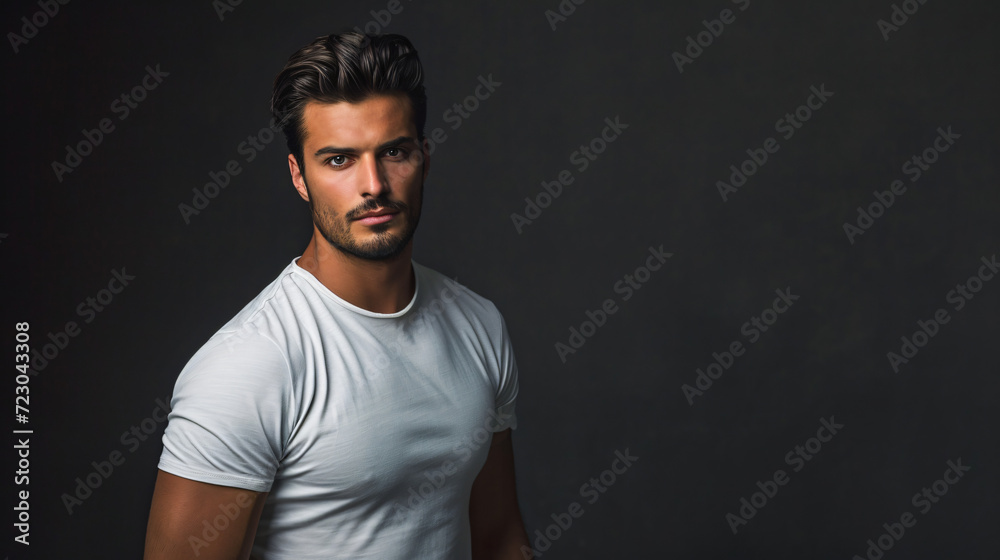 Portrait of a Handsome Male Model Wearing a blank White T-Shirt mock up. Isolated on a Dark Colored Background