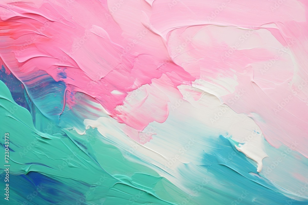 An abstract painting featuring vibrant swirls of pink, blue, and green colors.