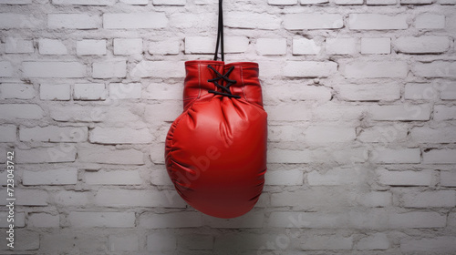 A red boxing glove hangs on a white brick wall background.