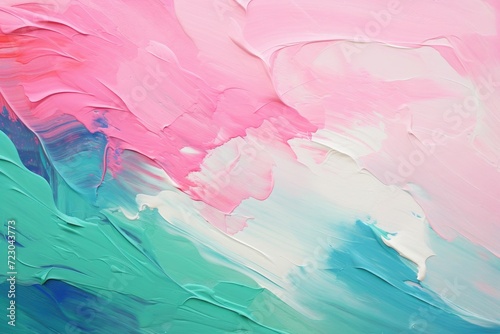 An abstract painting featuring vibrant swirls of pink, blue, and green colors.