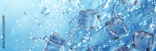 Frozen water represented by ice cubes set against a cool  bluish background.