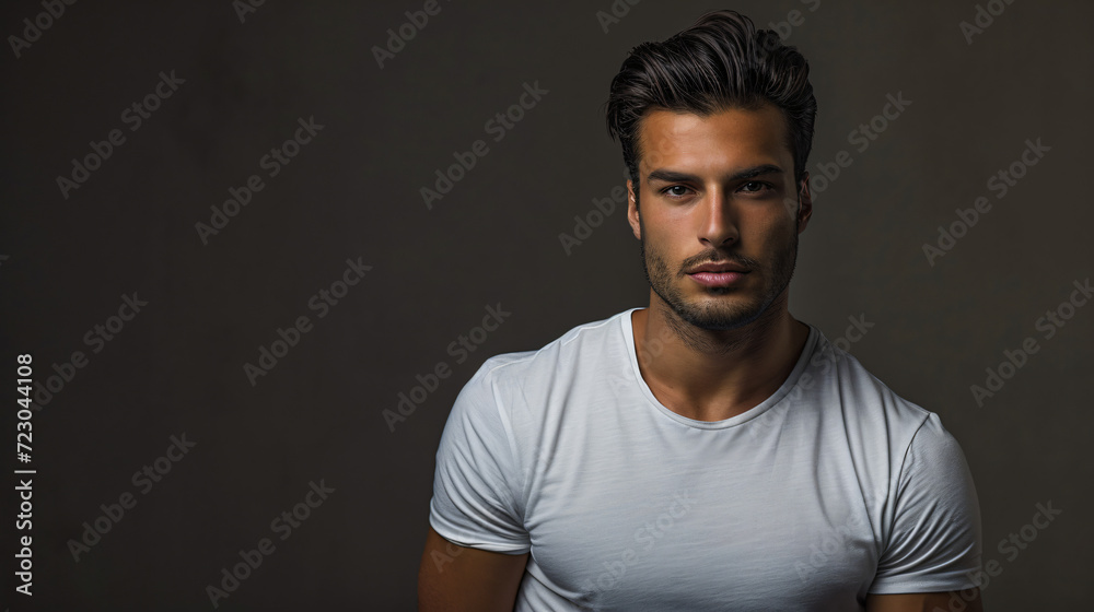 Portrait of a Handsome Male Model Wearing a blank White T-Shirt mock up. Isolated on a Dark Colored Background