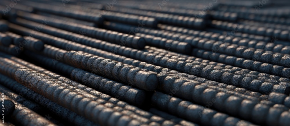 Tied iron rebar close up. Reinforced concrete structure steel bar set. Steel construction rods coated with frost.