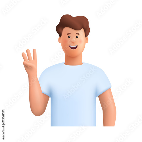 Young smiling man showing a three fingers gesture, number three. 3d vector people character illustration. Cartoon minimal style.