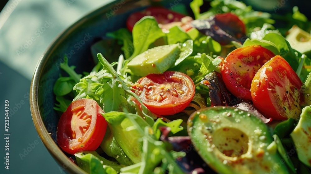 A vibrant salad bowl filled with mixed greens, tomatoes, and avocados A vibrant salad bowl filled with mixed greens, tomatoes, and avocados
