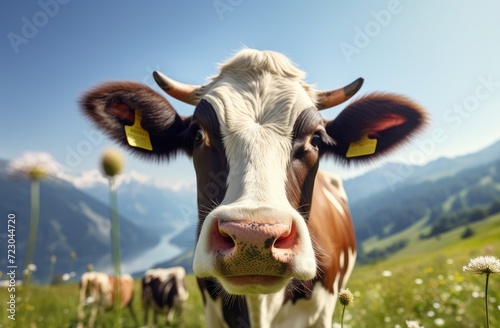 A cow stands in a picturesque field as majestic mountains form a stunning backdrop.