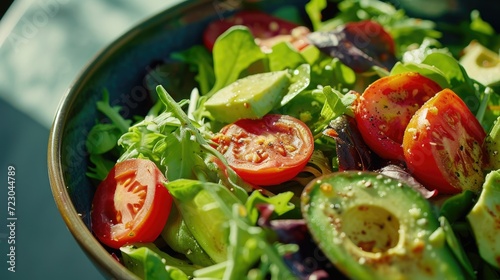 A vibrant salad bowl filled with mixed greens, tomatoes, and avocados © aimanasrn