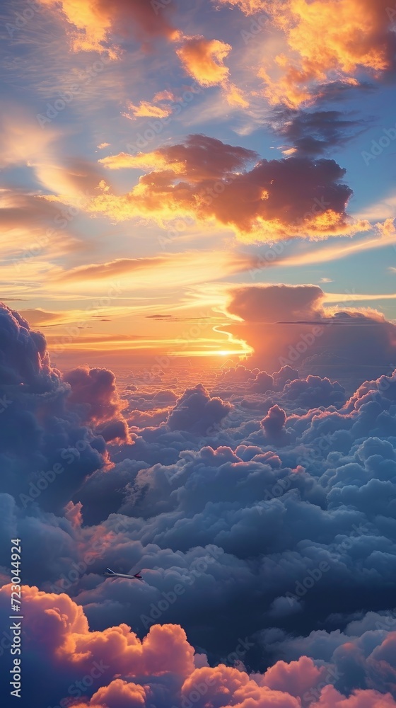 Sunset, sunrise, sky with clouds at twilight, dusk, dawn, flying above the clouds, over the clouds, plane, orange clouds, pink clouds, sunlight, heaven, pastel colors, sky background, Generative AI 