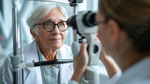 a doctor checks an elderly woman's eyesight photo
