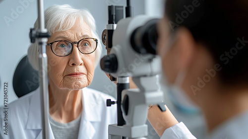 a doctor checks an elderly woman's eyesight