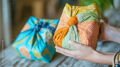 A gift wrapped in a patterned cloth in the traditional Japanese furoshiki style.