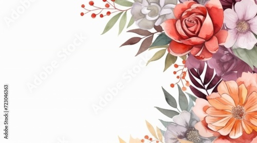 Watercolor floral border with red and yellow flowers on a white background, wedding boho decor © mashimara