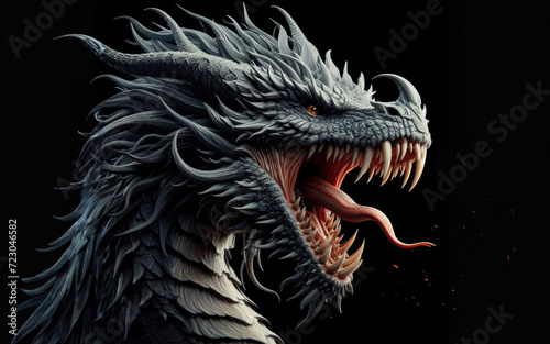 Portrait of a dragon with the mouth open against a black background
