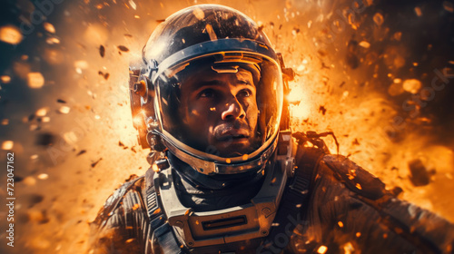 An astronaut in an explosion, elevating the futuristic action movie concept photo
