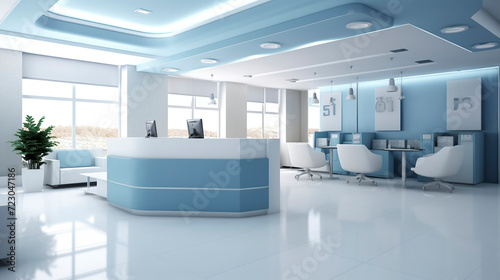 a modern, bright office with a blue and white theme, featuring a reception desk, seating area, and large windows. ai generative © larrui