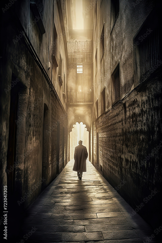 a solitary figure walking down a narrow, dimly lit alleyway flanked by tall, aged buildings, ai generative
