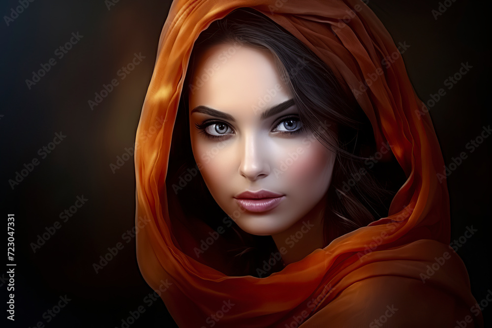 pretty woman wrapped in vibrant orange fabric against a dark backdrop, ai generative pretty woman wrapped in vibrant orange fabric against a dark backdrop, ai generative