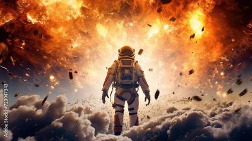 An astronaut in an explosion, elevating the futuristic action movie concept © didiksaputra