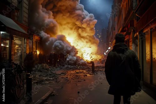 a dramatic scene of an explosion occurring at night in an urban setting, with a person observing from nearby, ai generative photo