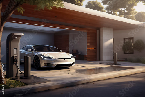 a modern white car charging at a home station, surrounded by lush greenery during sunset, ai generative