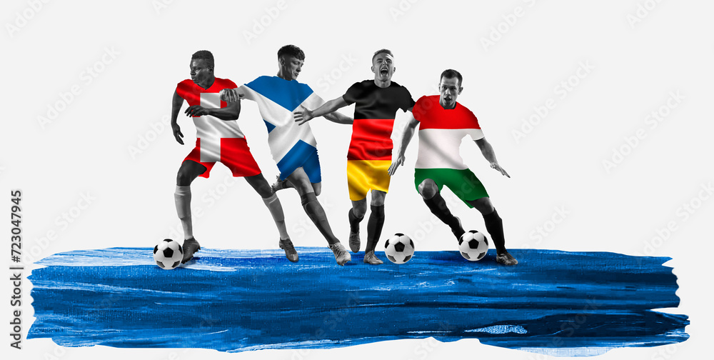 Obraz premium Competitive young men, soccer players in motion, wearing shirts with flag representing team of Germany, Scotland, Hungary, Switzerland. Concept of championship, tournament. Group stage A of Euro 2024