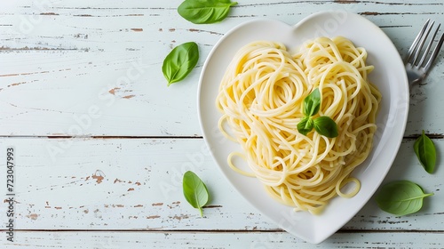 Pasta in heart shaped plate on white wooden table with copy space. cooked spaghetti with spinach photo
