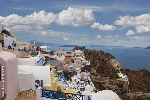 Aerial view of the city of Oia with urban development and the Venetian fortress on the island of Santorini. Greece
