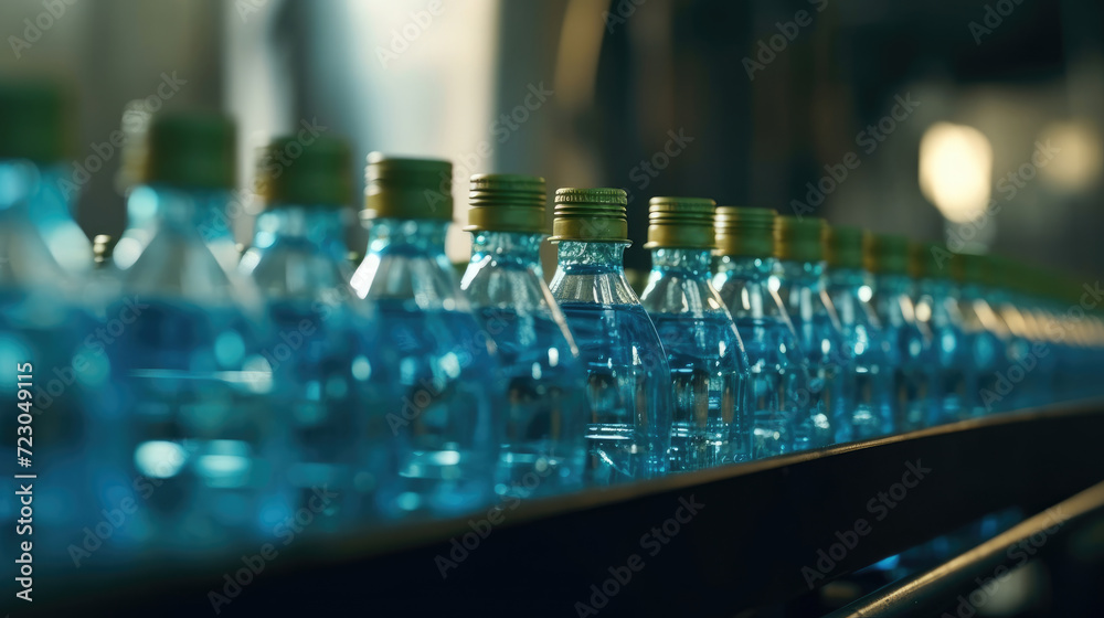 Mineral water bottles on factory conveyor belt with automatic line