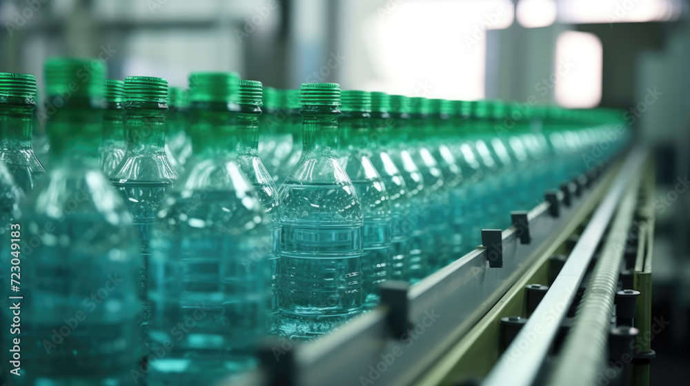 Mineral water bottles on factory conveyor belt with automatic line