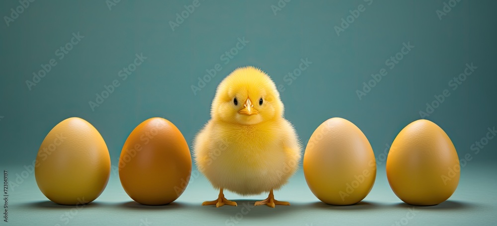 Cute and tiny yellow chickens nestled next to their eggs.
