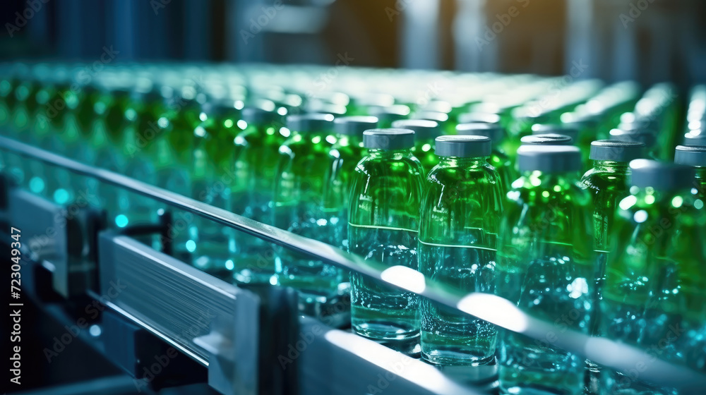 Mineral water bottles on factory conveyor belt with automatic line