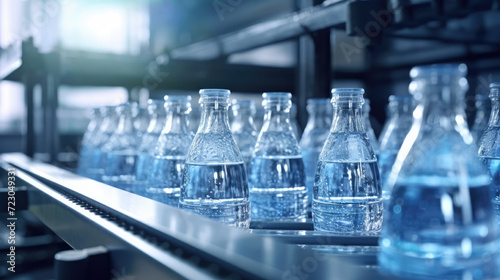 Mineral water bottles on factory conveyor belt with automatic line