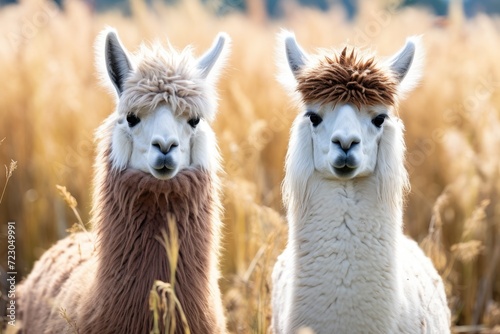 A photo of a couple of llamas standing side by side in a field.