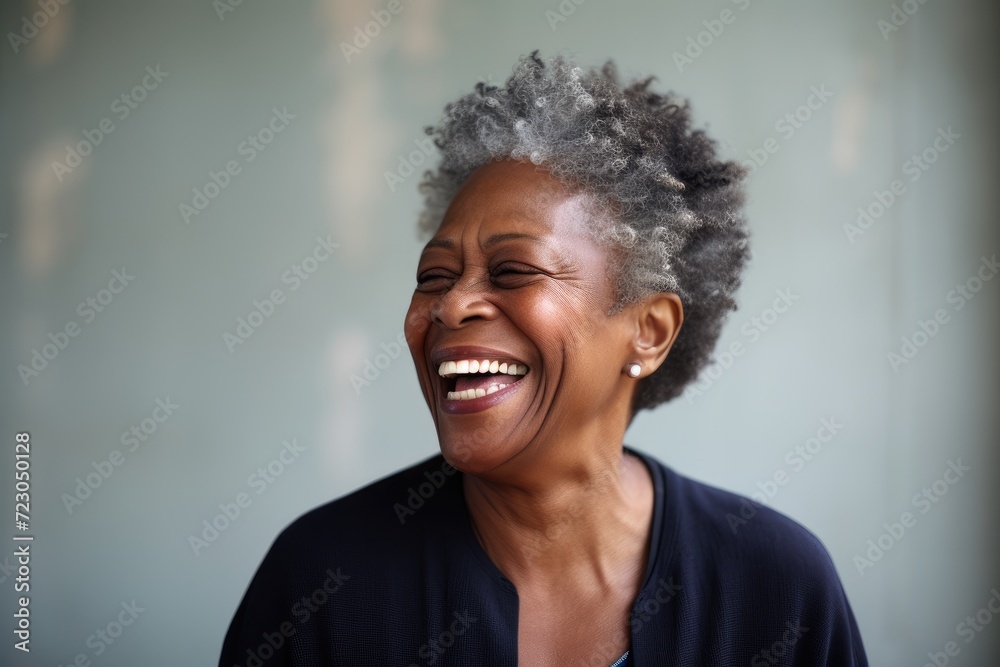 A woman with gray hair smiles warmly while wearing a black cardigan.