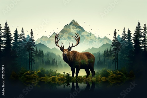 wide angle shot of moose in forest generative ai