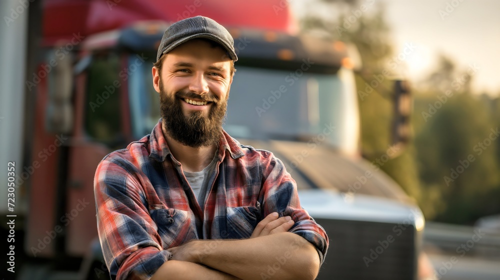 A professional male truck driver, wearing a shirt and a hat, standing with his arms crossed in front of the truck on the road, and smiling at the camera. Trucking transportation job worker, happy man A professional male truck driver, wearing a shirt and a hat, standing with his arms crossed in front of the truck on the road, and smiling at the camera. Trucking transportation job worker, happy man