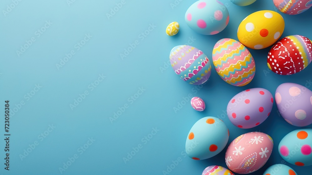 Top view of Easter eggs decorated with decorations and writing area on a colored background.