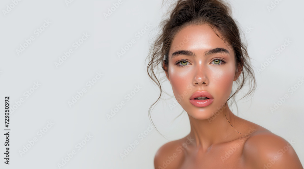 Cosmetology, beauty and spa. Hydration. Cream smear. Beuaty close up portrait of young woman with a healthy glowing skin is applying a skincare product. Flat lay, copy space for text. Cosmetology, beauty and spa. Hydration. Cream smear. Beuaty close up portrait of young woman with a healthy glowing skin is applying a skincare product. Flat lay, copy space for text.