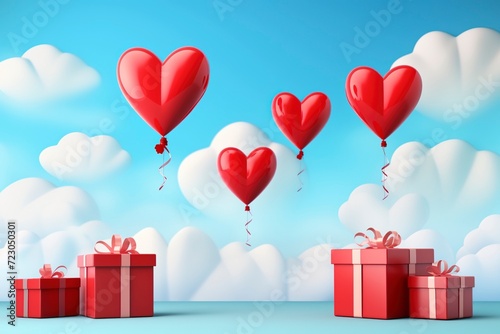 valentine gifts and heart shaped balloons on a background of clouds and clear sky with generative ai © MUdaylah