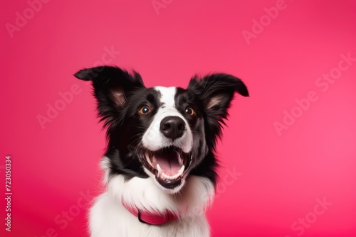 A photo of a black and white dog with its mouth open  displaying its teeth and tongue.