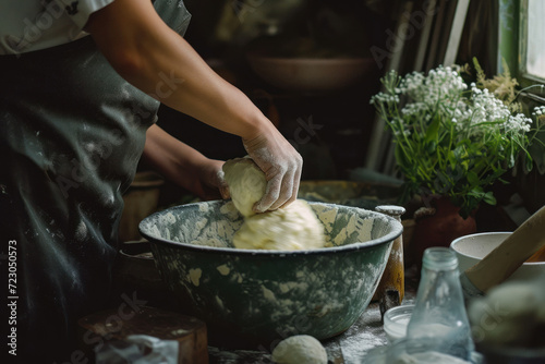 A woman's hand puts dough in a pot