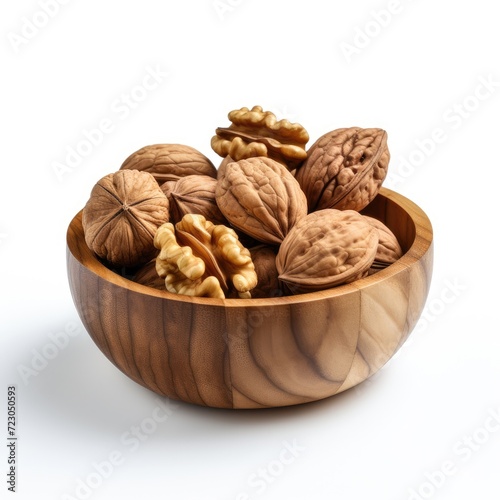 Bowl of fresh walnuts on white background