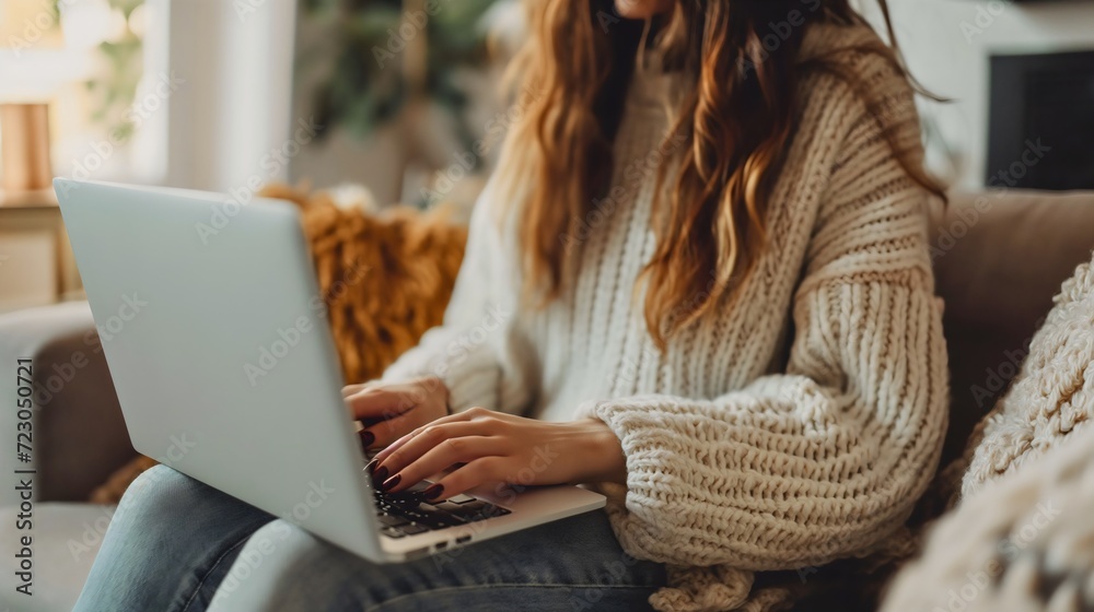 Naklejka premium Young woman sitting on a sofa or couch in the living room at a house or home, and typing on a laptop computer keyboard. Female adult freelancing, using a notebook device, indoors girl