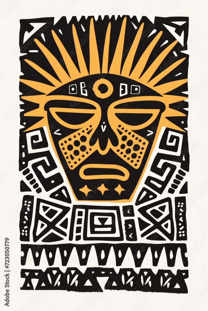 Obraz premium Generative AI, Painted aztec ornament ink linocut style, vintage stamp poster design 