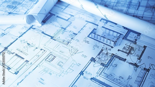 Engineer or architect holding pen with construction drawing on blueprint