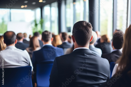 Rear View of Diverse Audience at a Corporate Seminar. Business Professionals Engaged in Conference Presentation, Modern Office Meeting Space Concept
