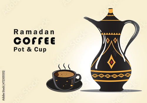 Ramadan coffee with cup of a coffee.illustration of a coffee pot.Arabic Coffee pot vector illustration with a cup of coffe.Arabic tea pot Islamic background.
