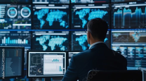 Global Financial Monitoring, A professional work on screens displaying various global financial data, market trends, and world maps, symbolizing a high-tech approach to finance and marketing. 